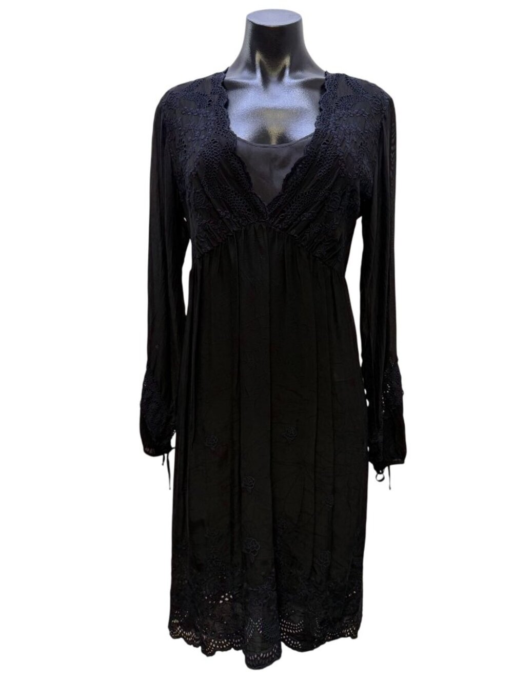 Johnny Was Black Long-Sleeve Embroidered Boho Dress With Slip S